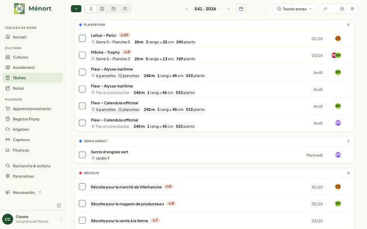 Page Tâches de Ménort avec le menu de gauche déplié : les rubriques « Tableau de bord », « Cultiver » et « Pilotage » et leurs entrées, puis « Recherche & actions », « Paramètres » et « Nouveautés », et en bas le prénom de l'utilisateur avec le nom de la ferme.
