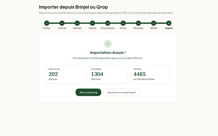 L'écran « Importation réussie ! » : les neuf étapes cochées, trois tuiles « Parcelles », « Cultures » et « Tâches » avec leurs nombres, puis les boutons « Aller au planning » et « Démarrer un nouvel import »