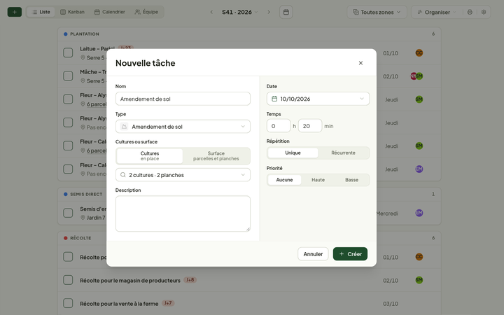 Formulaire « Nouvelle tâche » dans Tâches : à gauche le nom, le type « Amendement de sol » et les cibles choisies dans « Cultures ou surface » (deux séries de betterave) ; à droite la « Date », le « Temps » déjà rempli à 0 h 20 min, la « Répétition » sur « Unique » et la « Priorité » sur « Aucune »