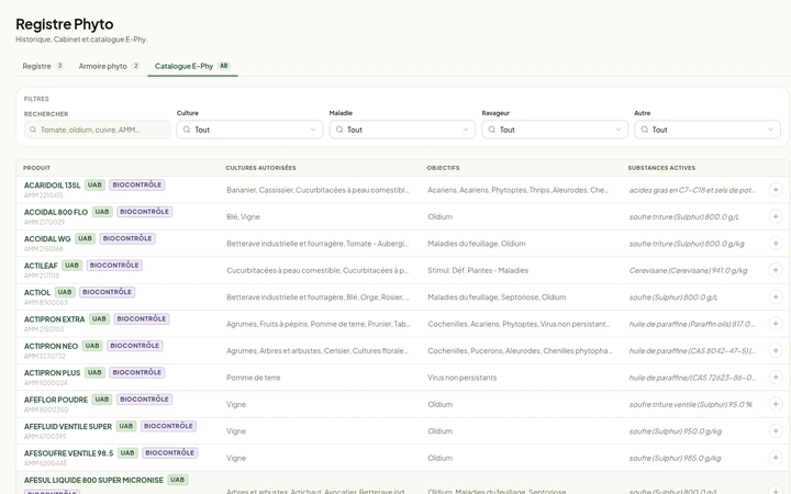 Le catalogue E-Phy du Registre Phyto, avec ses filtres et la liste des produits