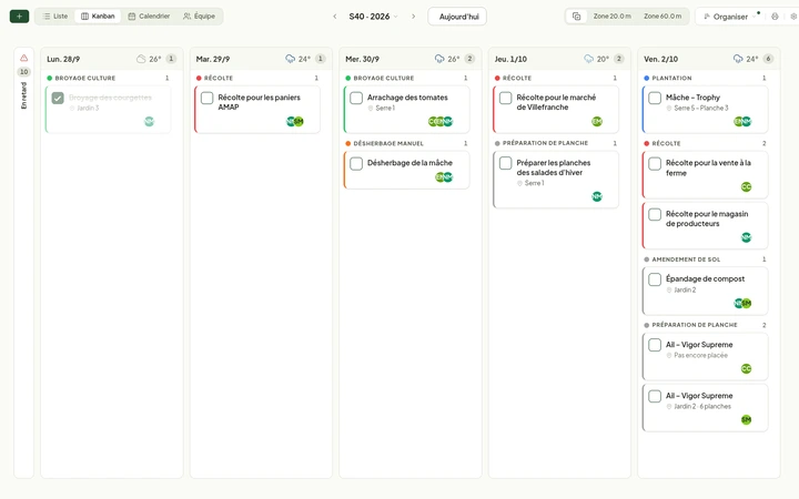 Les tâches de la semaine en vue Kanban, avec le bouton « + » en haut à gauche